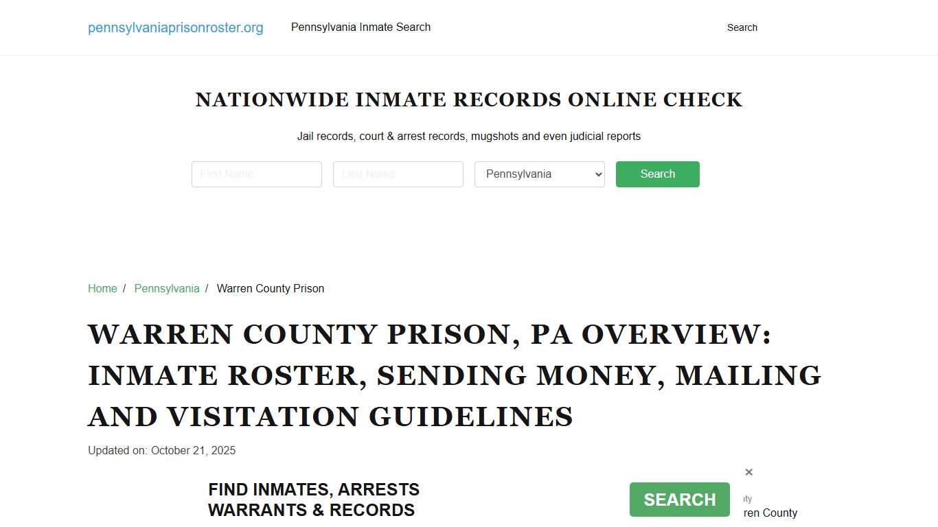 Warren County Prison, PA: Offender Search, Visitation & Contact Info